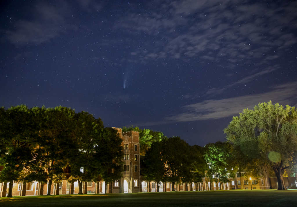 Gates Rawson Tower on the Grinnell College campus with night sky and Neowise comet